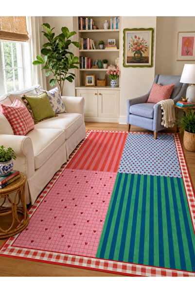 Homeilla Renkli Pastel Geometrik Çizgi Kalpli Dekoratif Halı