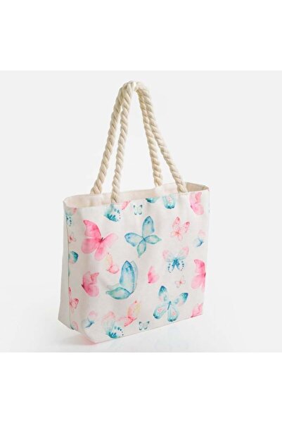 OEM Geantă de vară ecru cu fluturi, 32x10x23 cm – model elegant cu mânere din...