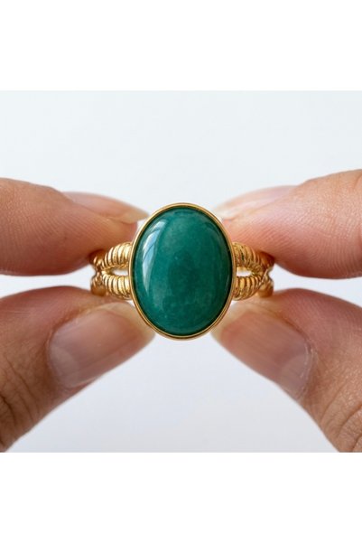 ILSA Oval Amazonite Stone Leaf Textured Steel Ring