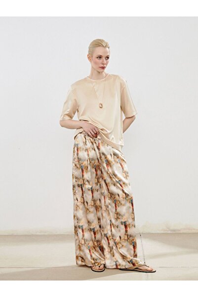 LC Waikiki Soulife beige elastic waist patterned wide leg women's pants