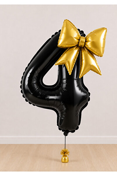 Balonsan -4- Age Black Number Gold Bow Foil Balloon Set
