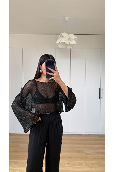 GAUS CO Siyah Simli Parlak Crop Bluz GAUS-01595