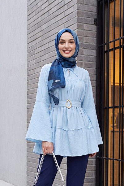 Modamorfo Polyviscon Tunic with Buckle Belt and Tie at the Collar - Light Blue
