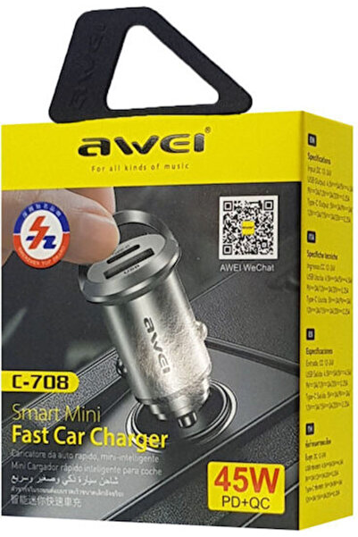 AWEI C-708 Φορτιστής Αυτοκινήτου 45W με Θύρες: 1xUSB 1xType-C Μαύρο Χρώμα