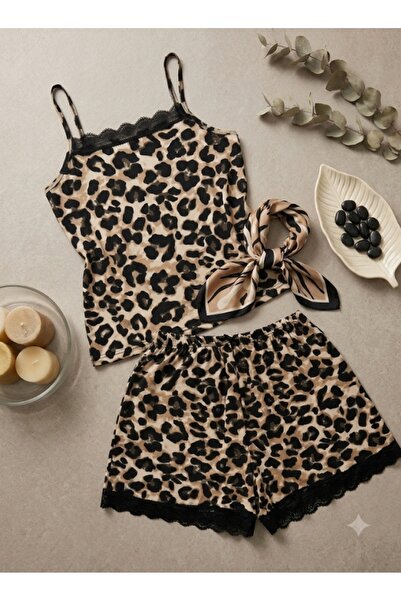 ANGEL LEON DREAM Kadın Leopar Desenli Dantel Detaylı Askılı Şortlu Pijama Takımı