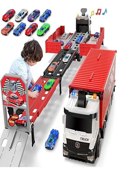 GULF GALLERY Race Car Track Toy Truck with Foldable Race Tracks, Car Carrier ...