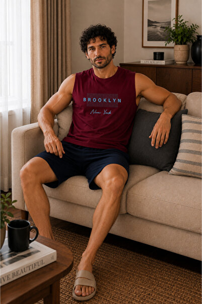 Vesperia Erkek Bordo Sıfır Kol Şortlu %100 Pamuk Pijama Takımı
