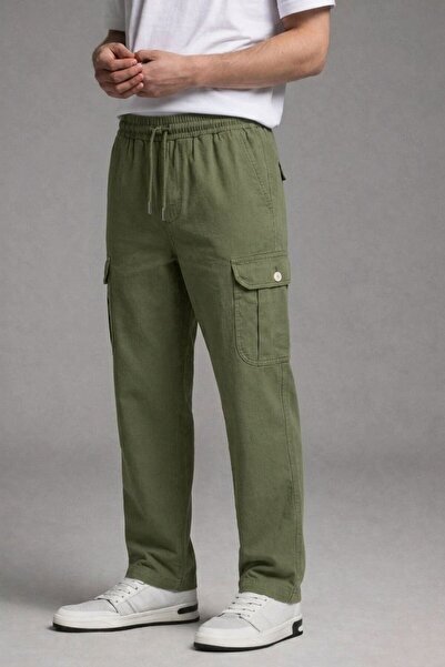 DAMGA JEANS Men's Khaki Cargo Linen Trousers with Elastic Waist