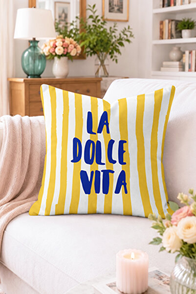 Home La Dolce Vita Yazılı Sarı Beyaz Çizgili Kırlent Kılıfı - Modern Dekorati...