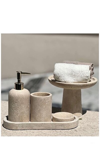 veloraliving Decorative Natural Travertine Marble 4 Piece Bathroom Set with G...