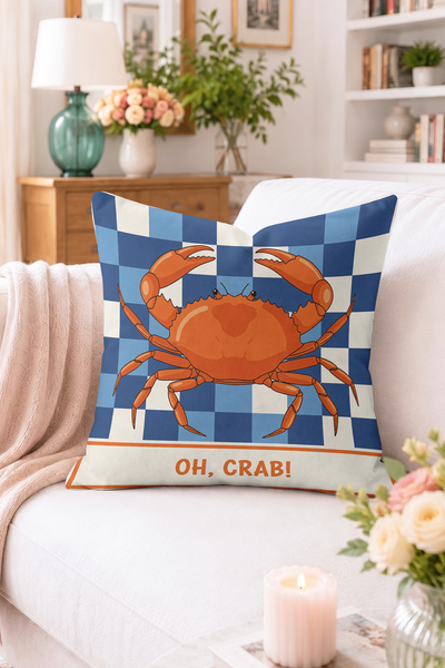 Home Oh, Crab! Yengeç Figürlü Mavi Beyaz Kareli Kırlent Kılıfı - Deniz Temalı...