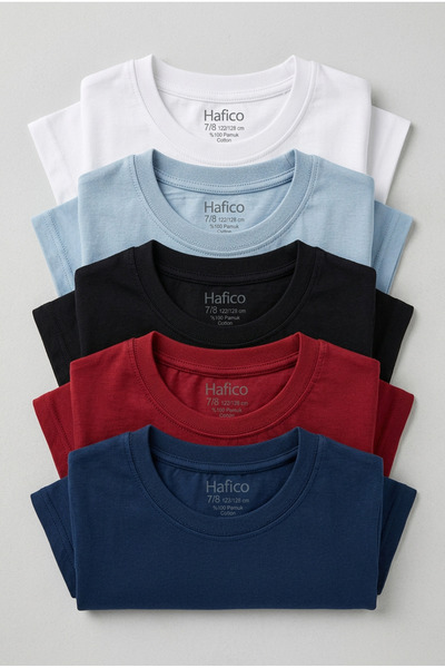 Hafico Boys' 5-Piece Premium 100% Cotton Basic T-Shirt Set (Ages 7-12)
