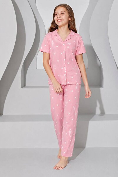 EYKA Çoçuk Kalp Desenli Kısa Kollu Düğmeli Pijama Takımı – Yumuşak Dokulu Rah...