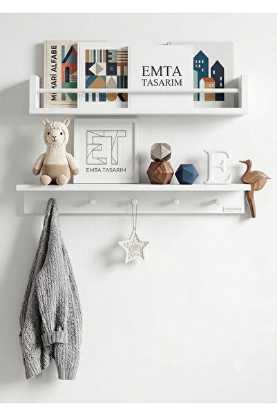 emta tasarım Beyaz 50 cm raf ve askılık 2 li set Montessori kitaplık babyroom...
