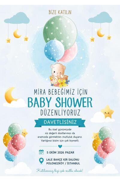 Baskılı 100 Adet Baby Shower Davetiyesi Zarflı