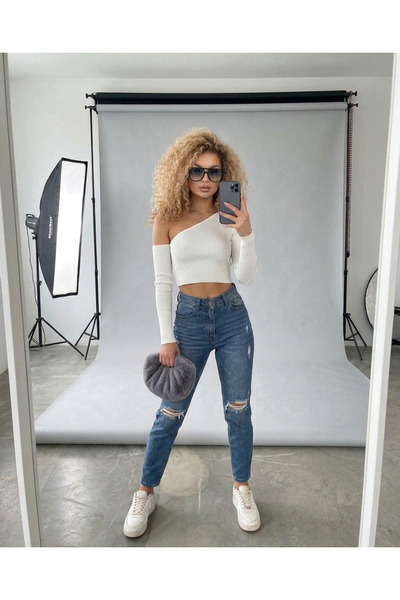 SHEVEGA Blue High Waist Ripped Trendy Mom Jean Boyfriend Jeans