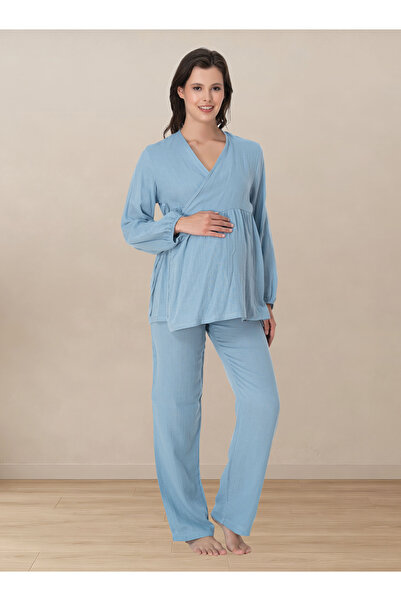 ByLohusa Long Sleeve Muslin Fabric Maternity and Postpartum Pajama Set with B...