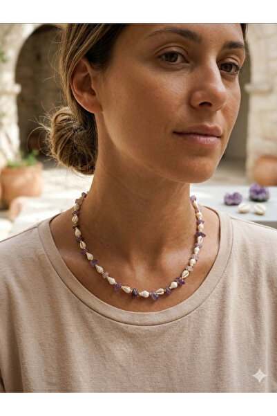 Atolye Ferda Amethyst Cracked Natural Stone and Seashell Detailed Necklace
