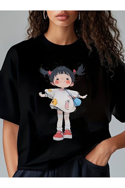 1001 Line Cute Anime Print Women'S T-Shirt, White Loose Fit Casual Top, Soft ...