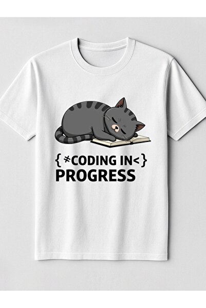 12 Teknoloji Cute Cat Sleeping On Book Coding In Progress Mens Round Neck T S...