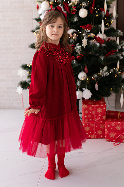 Printesasofy Rochie roșie Mara, catifea striată, paiete, tul