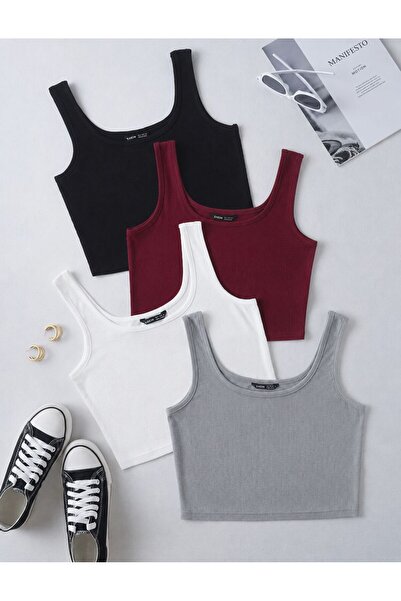 MİLYA&GYM Women's 4-Pack Cotton Camisole Ribbed Body-Fitting Square Neck Thic...