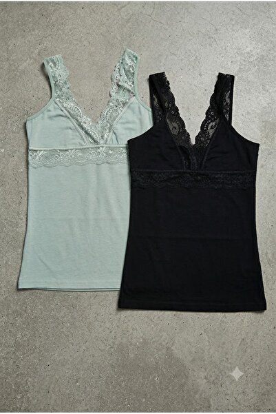Demirsa Boutique Modal Fabric Lace Strap V-Neck Green and Black Color 2-Piece...