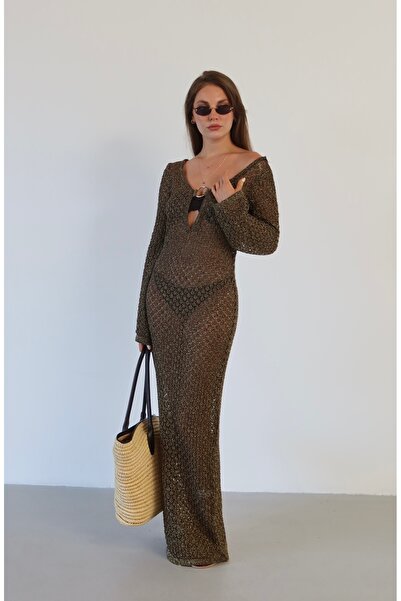 Zey Studio Women's Silvery Gold Buckle Detailed Openwork Beach Dress