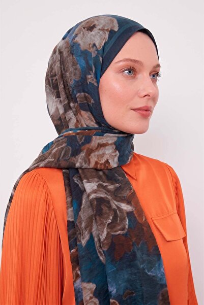 Levidor Petrol Blue Rose Patterned Tencel Shawl