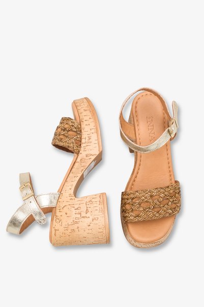 İNNABUTİKK Blair Women's Genuine Leather Straw Heeled Sandals - Gold