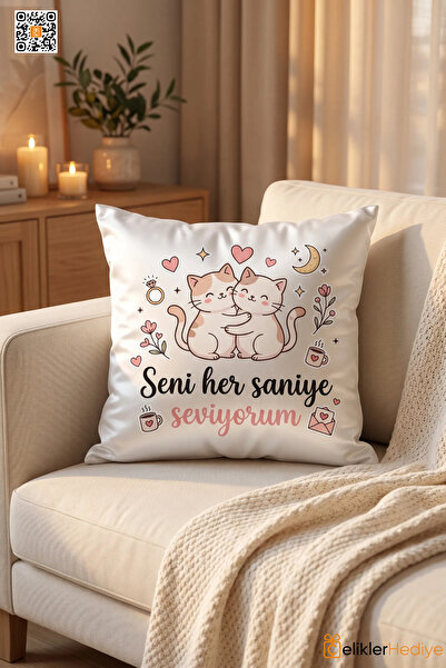 ÇELİKLER HEDİYE Seni Her Saniye Seviyorum Baskılı Saten Dekoratif Yastık 30x3...