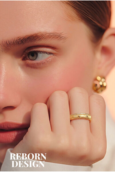 REBORN DESIGN Gold Color Pole Star Ring with Row of Zircon Stones