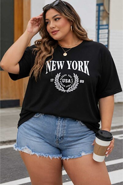 ZAVIXO Kadın Oversize New York Baskılı Tişört %100 Pamuk Rahat Kalıp Büyük Be...
