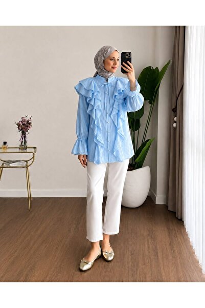 MOONSC Women's Premium Ruffle Detailed Dobby Shirt