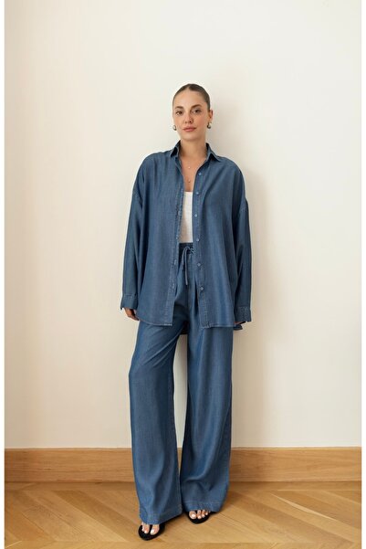 BRTC design Women's Navy Blue Tensel Oversize Shirt and Pants Set