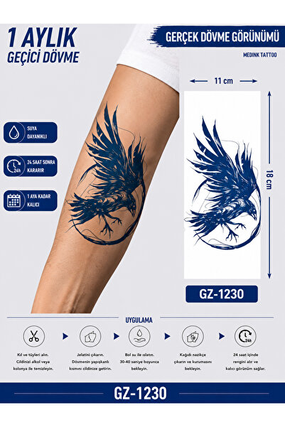medink tattoo 1 Ay Kalıcı Sonradan Kararan 11X 18 cm Kuzgun model geçici dövm...