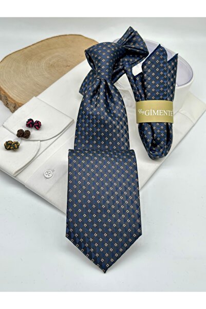 Gutiero Classic Navy Blue Brown Patterned Tie with Handkerchief