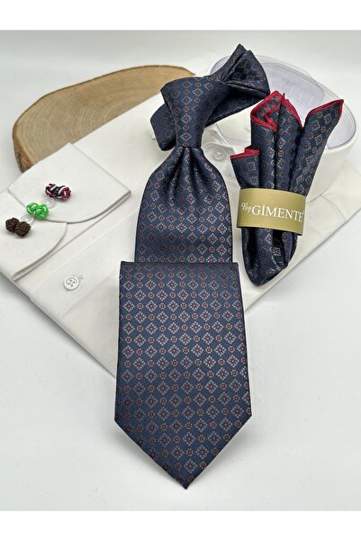 Gutiero Navy Blue Red Patterned Classic Tie with Handkerchief