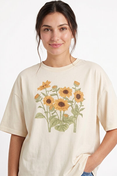 EFFRENATU Women's T-Shirt Sunflower Botanical Printed Oversized Casual