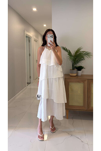 BİRCANÇİL Vallis Ecru Collar Embroidery Detailed Lined Dress