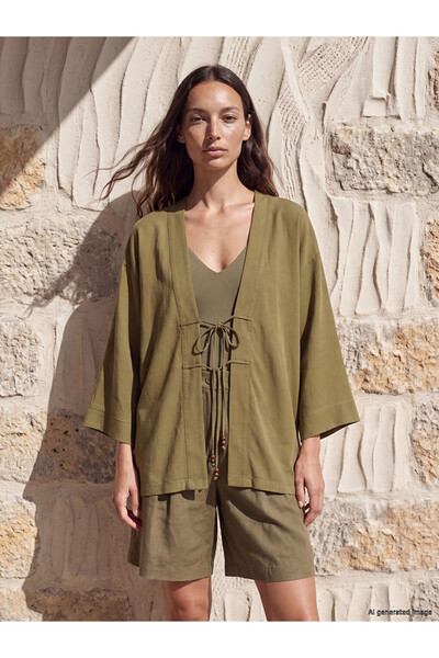 LC Waikiki Khaki Oversize Linen Blend Women's Kimono