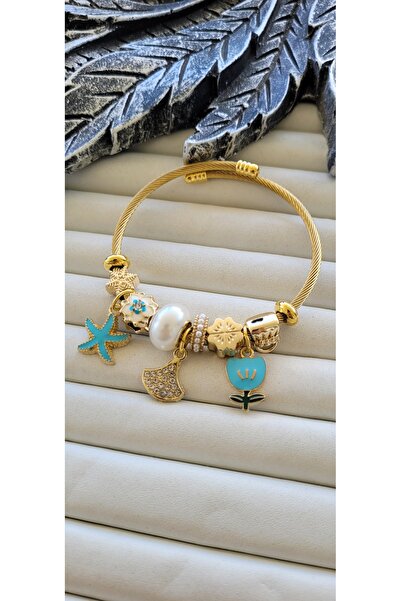 YİĞİTKARANAKSESUAR Steel Gold Charm Bracelet – with Starfish, Pearl and Flowe...