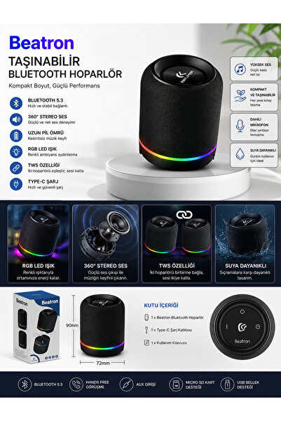 GenelTedarik RGB Işıklı Taşınabilir Bluetooth Hoparlör | Bluetooth 5.3 Kablos...