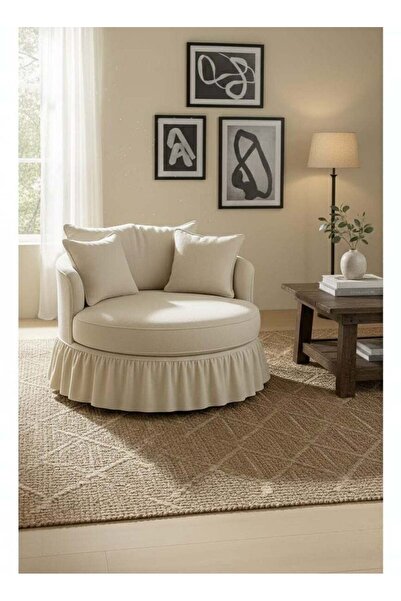 Generic Round Lounge Chair Wood Swedish, with Comfortable Back Cushions, Beig...