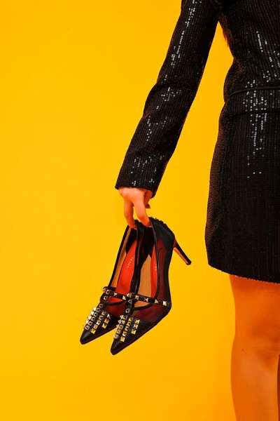 Nemesis Shoes Vita Gerçek Deri Kadın Topuklu Ayakkabı Siyah Tül