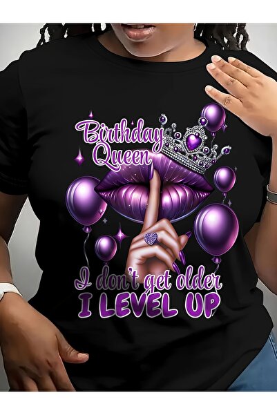 17 seramik [Birthday Queen] تي شيرت نسائي بأكمام قصيرة وياقة دائرية وطبعة حرو...