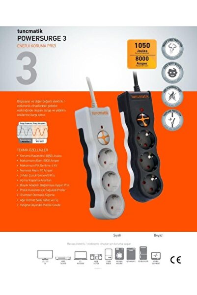 Yıldızan Atu Shop Tsk19010 Powersurge 3-Surge Protection Plug-1050 Joule- wit...
