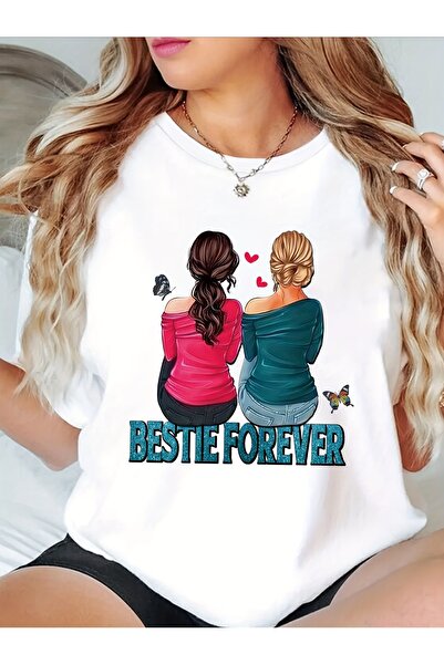 BASEPULSE تي شيرت بنمط Bestie Forever - تي شيرت نسائي بأكمام قصيرة وياقة دائر...