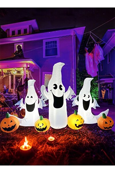 HI-FINE 8FT Integrated Inflatable 3 Ghosts & 4 Pumpkins Halloween Yard Decor ...