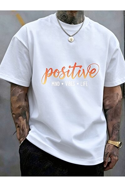1001 Line تي شيرت برقبة دائرية وأكمام قصيرة مطبوع عليه Positive Mind Vibes Li...